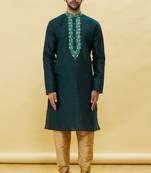 Green embroidered art silk kurta-pajama