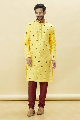 Yellow embroidered art silk kurta-pajama 5