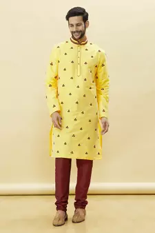 Yellow embroidered art silk kurta-pajama