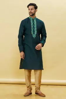 Green embroidered art silk kurta-pajama
