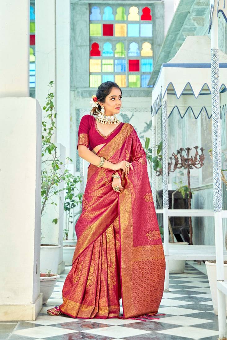 Dark Pink Kanjivaram Saree With Matching Pink Blouse