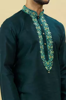Green embroidered art silk kurta-pajama