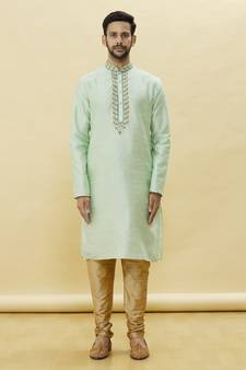 Green embroidered art silk kurta-pajama