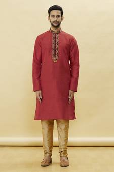 Maroon embroidered art silk kurta-pajama