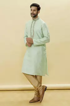 Green embroidered art silk kurta-pajama