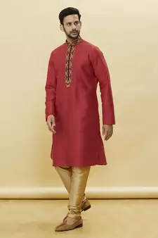 Maroon embroidered art silk kurta-pajama