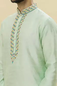 Green embroidered art silk kurta-pajama