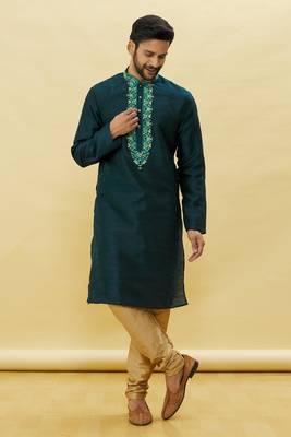 Green embroidered art silk kurta-pajama 5