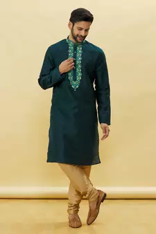Green embroidered art silk kurta-pajama