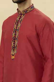 Maroon embroidered art silk kurta-pajama