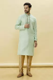 Green embroidered art silk kurta-pajama