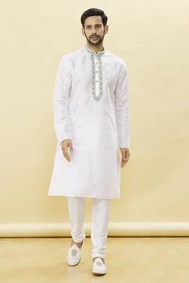 White embroidered art silk kurta-pajama 4