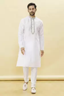 White embroidered art silk kurta-pajama