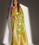 Light Parrot and Golden Zari Woven Pure Silk Saree With Pink Blouse