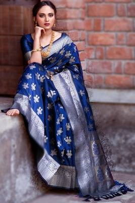 Denim Blue Soft Blender Silk Weaving Silver Zari Saree With Blouse 1