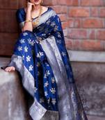 Denim Blue Soft Blender Silk Weaving Silver Zari Saree With Blouse