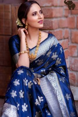 Denim Blue Soft Blender Silk Weaving Silver Zari Saree With Blouse 2