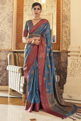 Cadet Blue Tussar Silk Weaving Saree With Blouse 1