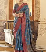Cadet Blue Tussar Silk Weaving Saree With Blouse