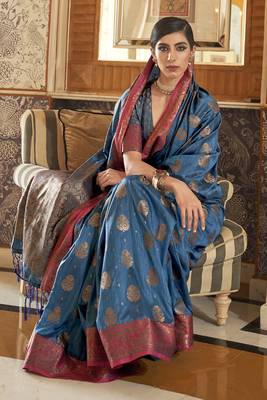 Cadet Blue Tussar Silk Weaving Saree With Blouse 2