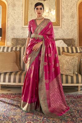 Dark Pink Tussar Silk Weaving Saree With Blouse 1