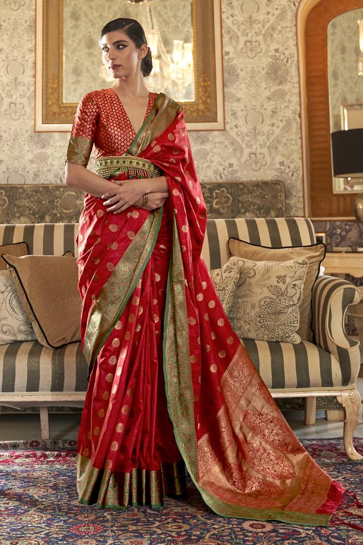 Hot Red Tessar Silk Weaving Saree With Blouse