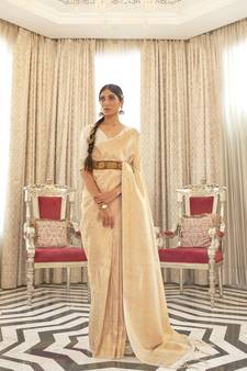Cream Kaabha Silk Faux Kanjivaram Party Wear Weaving Silk Saree Collection