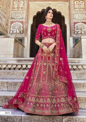 RANI PINK PREMIUM LUXURIOUS DESIGNER WEDDING WEAR VELVET LEHENGA CHOLI LATEST DESIGN  1