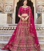 RANI PINK PREMIUM LUXURIOUS DESIGNER WEDDING WEAR VELVET LEHENGA CHOLI SEMI STITCHED LATEST DESIGN 