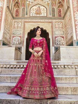 RANI PINK PREMIUM LUXURIOUS DESIGNER WEDDING WEAR VELVET LEHENGA CHOLI LATEST DESIGN  3