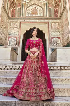 RANI PINK PREMIUM LUXURIOUS DESIGNER WEDDING WEAR VELVET LEHENGA CHOLI LATEST DESIGN 