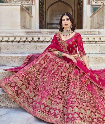 RANI PINK PREMIUM LUXURIOUS DESIGNER WEDDING WEAR VELVET LEHENGA CHOLI LATEST DESIGN  4