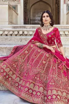 RANI PINK PREMIUM LUXURIOUS DESIGNER WEDDING WEAR VELVET LEHENGA CHOLI LATEST DESIGN 
