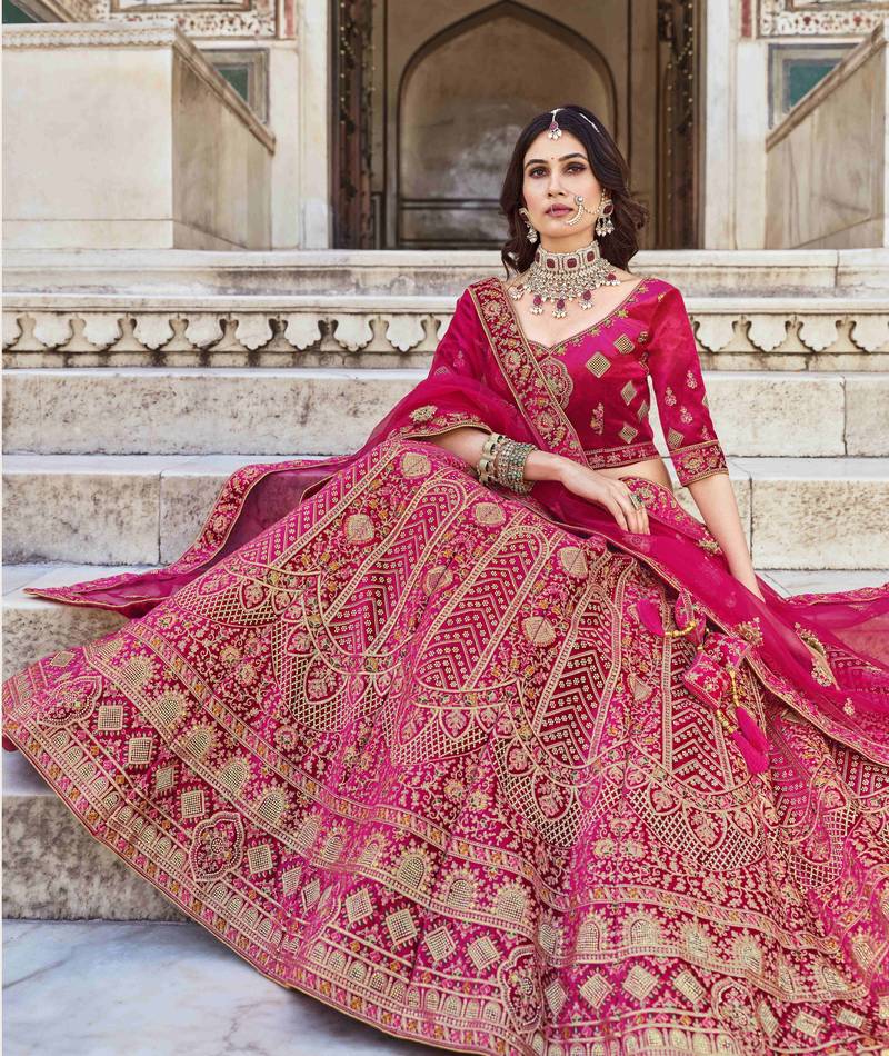RANI PINK PREMIUM LUXURIOUS DESIGNER WEDDING WEAR VELVET LEHENGA CHOLI SEMI STITCHED LATEST DESIGN 