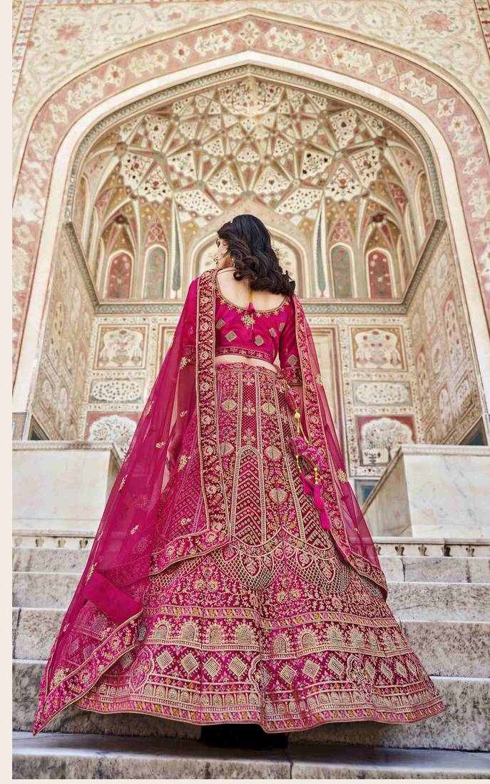 RANI PINK PREMIUM LUXURIOUS DESIGNER WEDDING WEAR VELVET LEHENGA CHOLI SEMI STITCHED LATEST DESIGN 