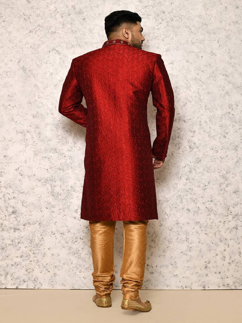 Designer Maroon Art Silk Achkan Sherwani