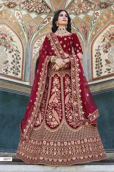 Premium Luxurious Wedding Wear Maroon Velvet Lehenga Choli Latest Design