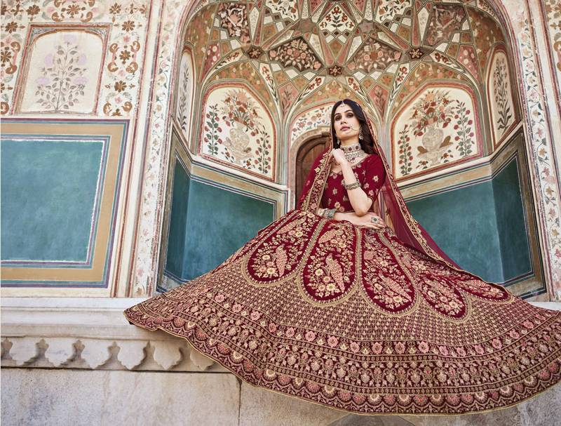 Premium Luxurious Wedding Wear Maroon Velvet Lehenga Choli Latest Design