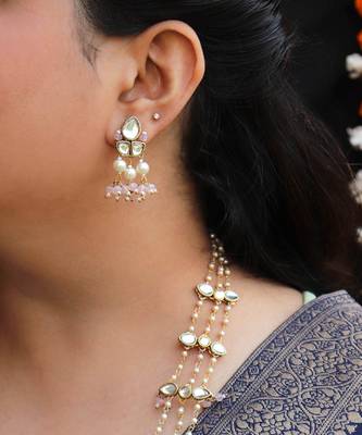 Pastel Pink Beads With Kundan Necklace Set 2
