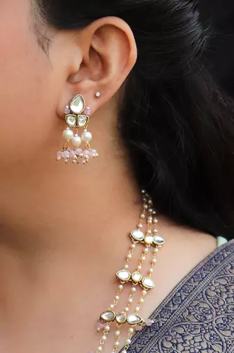 Pastel Pink Beads With Kundan Necklace Set