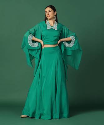 Green And Pearl Work Crop Top And Skirt With Cape 1