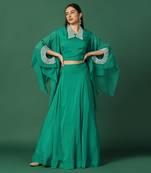 Green And Pearl Work Crop Top And Skirt With Cape