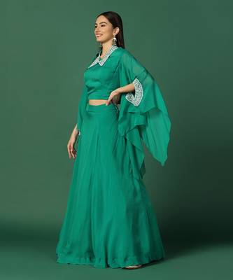 Green And Pearl Work Crop Top And Skirt With Cape 2