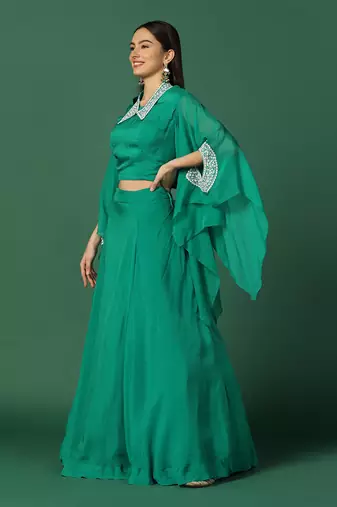 Green And Pearl Work Crop Top And Skirt With Cape