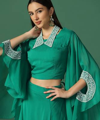 Green And Pearl Work Crop Top And Skirt With Cape 3