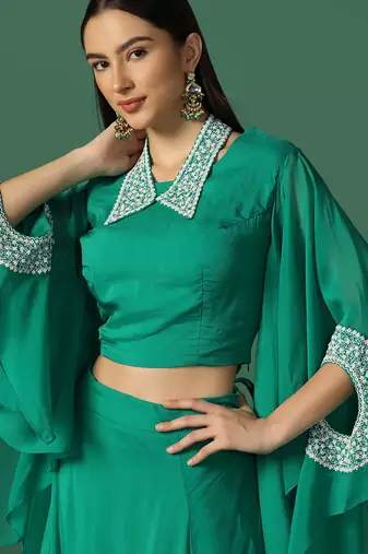 Green And Pearl Work Crop Top And Skirt With Cape