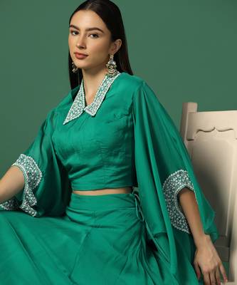 Green And Pearl Work Crop Top And Skirt With Cape 4