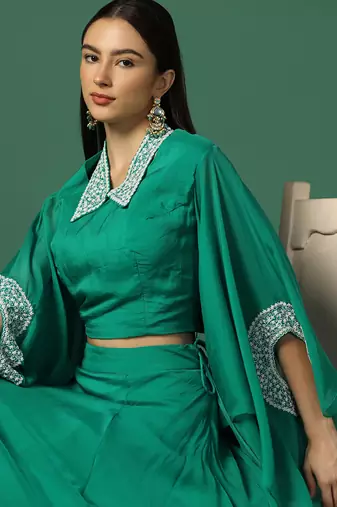 Green And Pearl Work Crop Top And Skirt With Cape