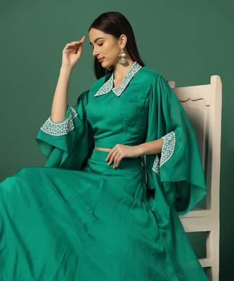 Green And Pearl Work Crop Top And Skirt With Cape 5