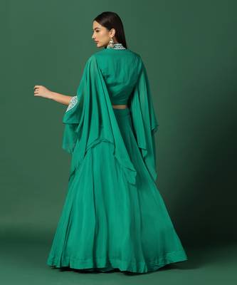 Green And Pearl Work Crop Top And Skirt With Cape 6